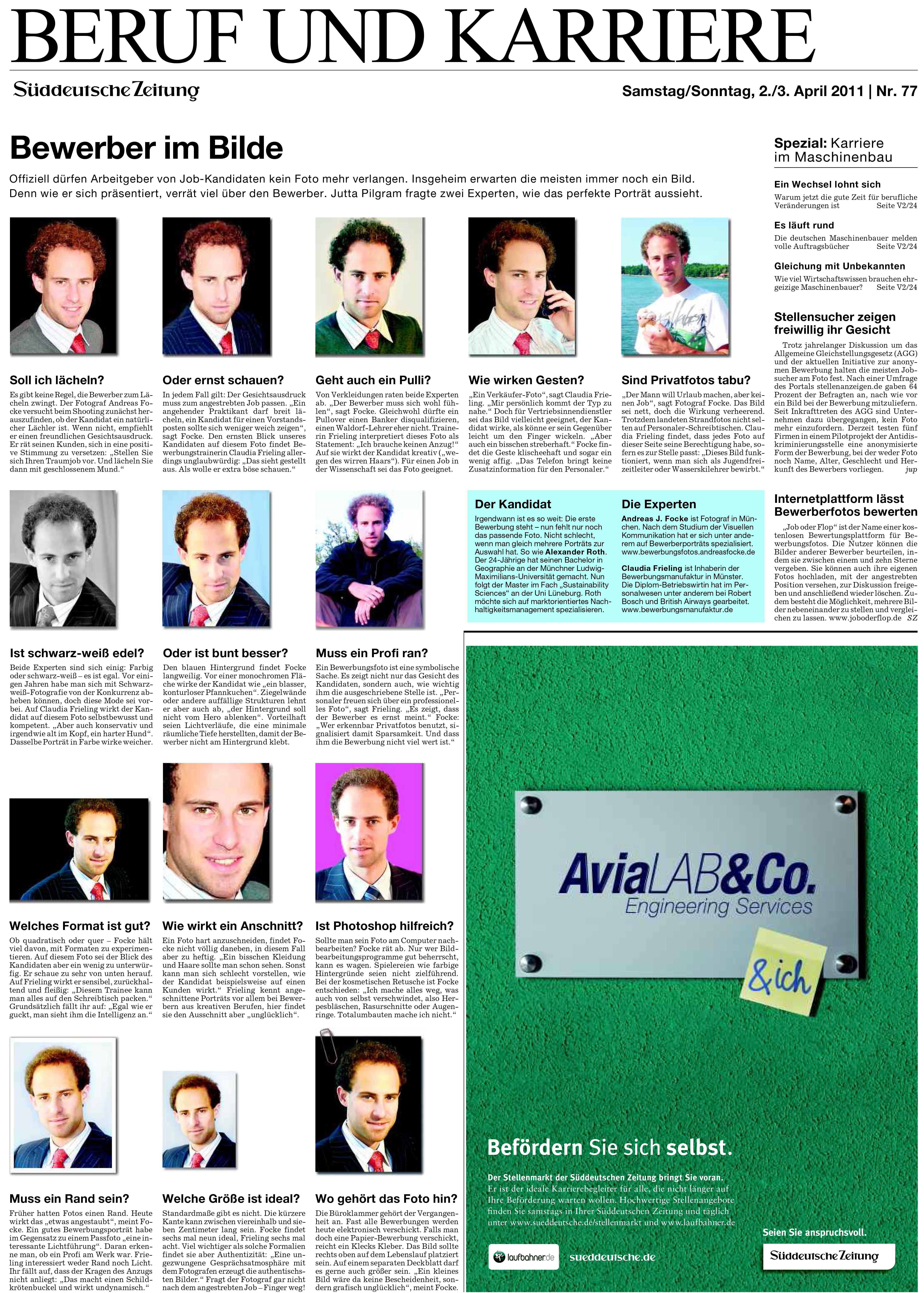 Artikel in der Süddeutschen Zeitung, in dem zwei Experten zum Thema "Bewerbungsfotos" befragt werden.
